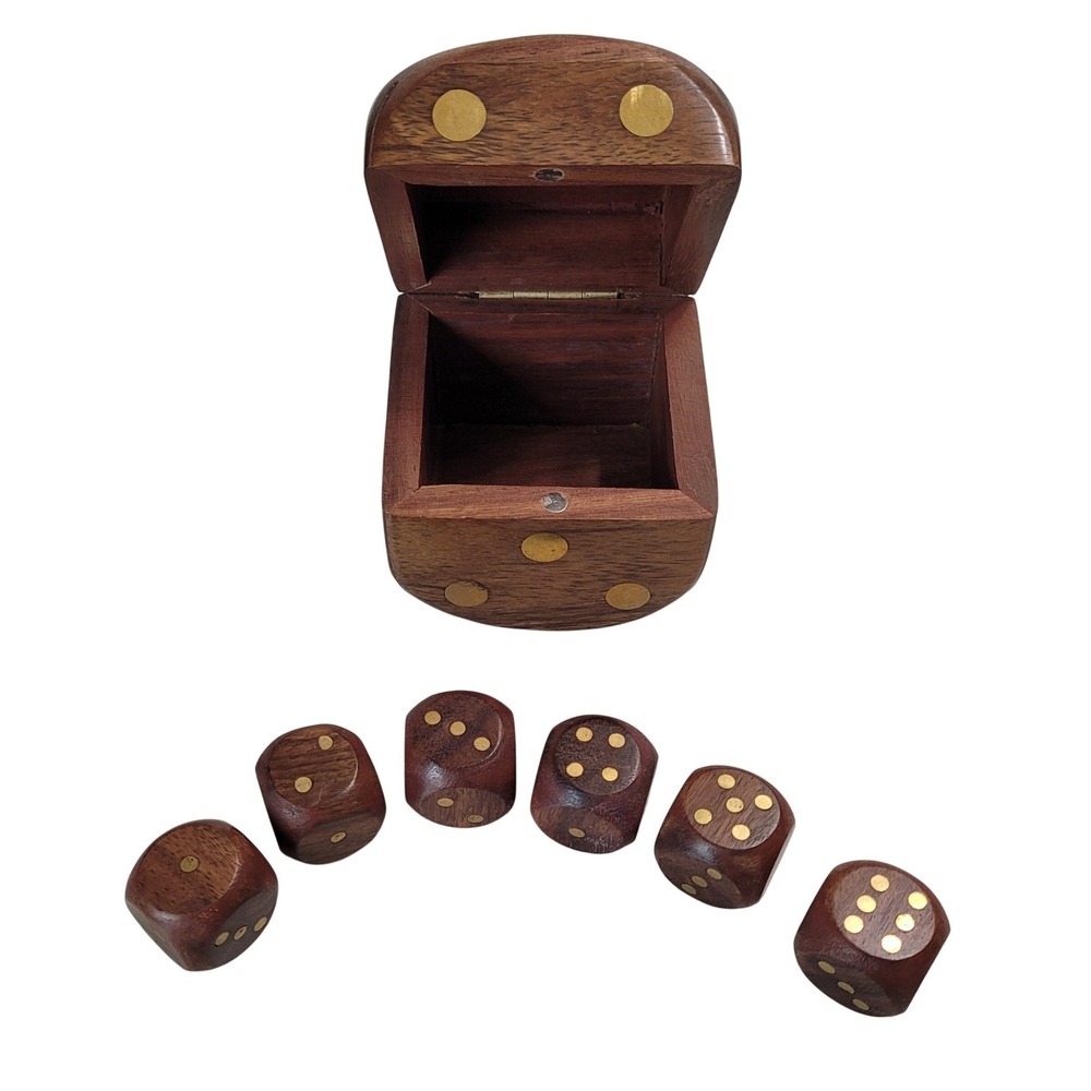 Two's Company Wooden Dice Game Set OS Brown Excellent Brass Inlay Hinged Box